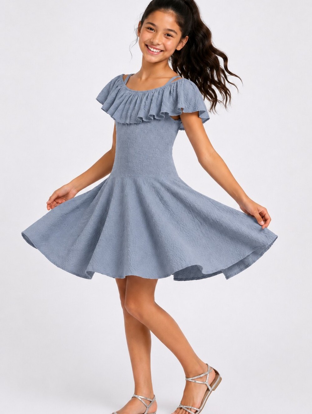Girls' Light Blue Ruffled Off-Shoulder Twirl Dress